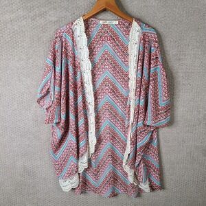 Liberty Love Kimono Cardigan Women XL Red Geometric Waterfall Open Front Lace